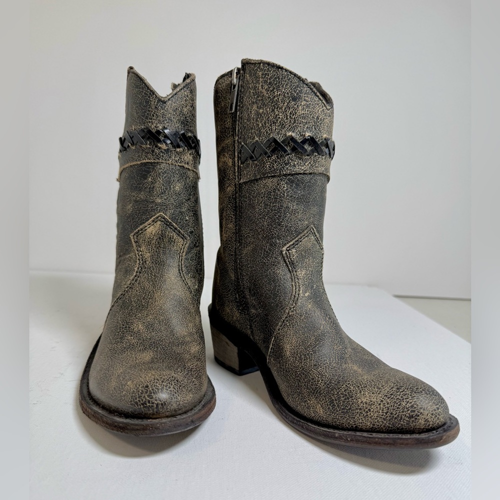 Old West Girl’s Distressed Leather Charcoal Cross Stitch Cowgirl Boots Size 2.5 - Picture 4 of 13